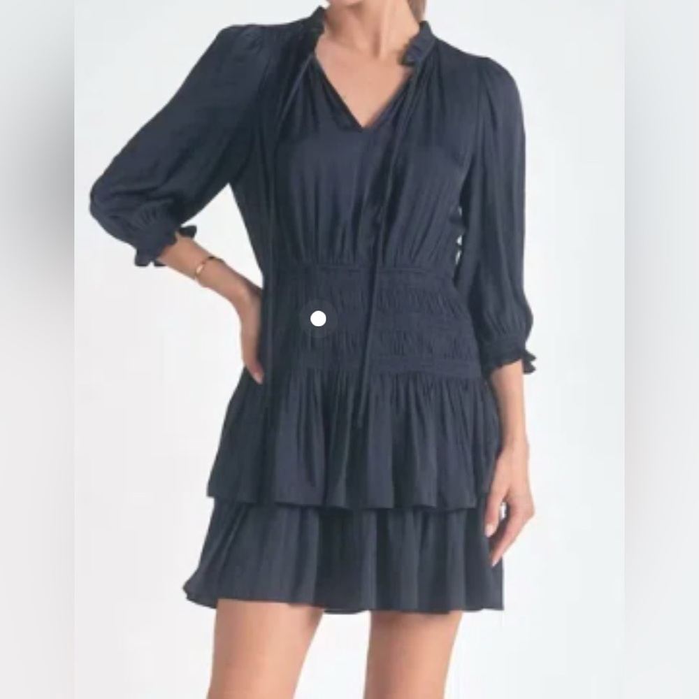 Elan Midnight Long Sleeve Smocked Satin Dress Navy Blue